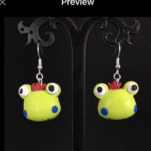 Handmade by Kool Klay Jewelry - SOLD Handmade Polymer Clay Frog Dangle Drop Earrings